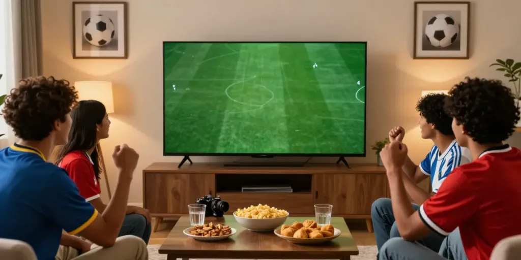 Excited fans enjoying gà vàngtv football matches in a cozy living room.