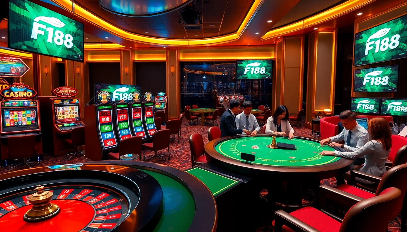 Experience F168's exciting casino atmosphere with luxurious tables and vibrant slot machines.