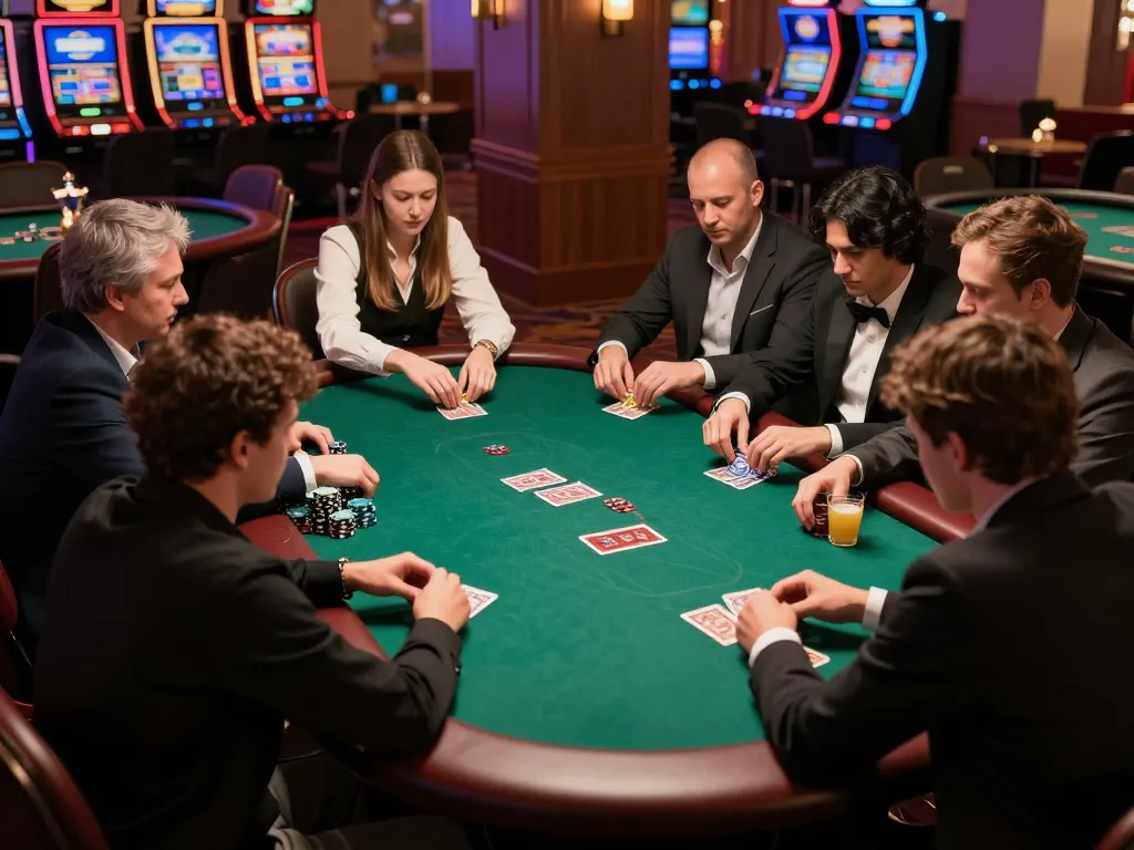 Engaged players at a poker table displaying kèo nhà cái strategies during an intense casino game.