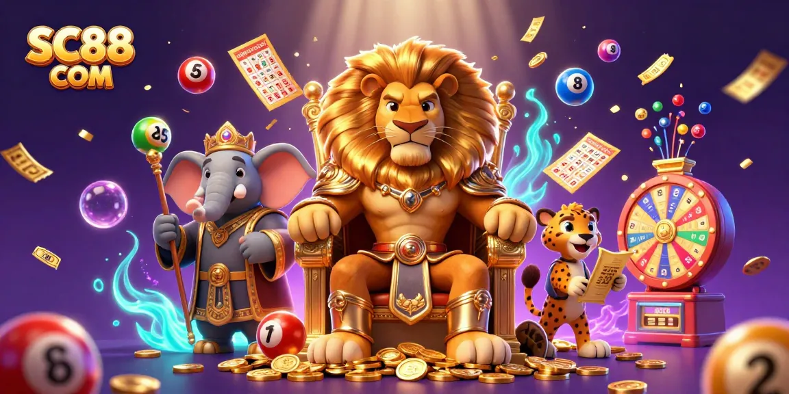 Engage with exciting gaming action at SC88 COM featuring a majestic lion king, elephant advisor, and swift cheetah.
