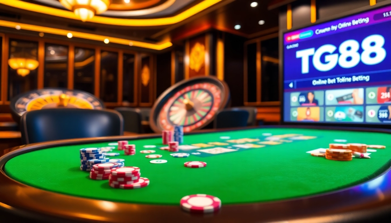 TG88 casino features engaging gameplay with poker chips, cards, and a dynamic roulette wheel.