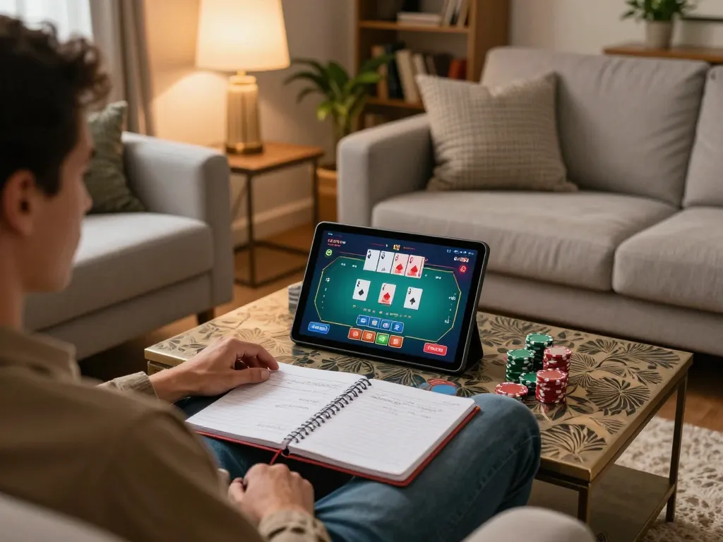 Engage in an exciting poker game using 98win on a tablet in a cozy home setup.