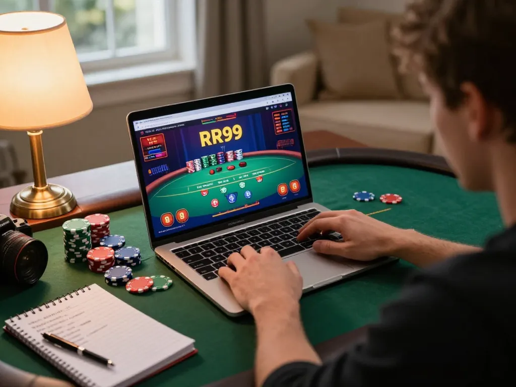 Player engaged in online poker gameplay on RR99, showcasing strategic focus in a cozy home environment.