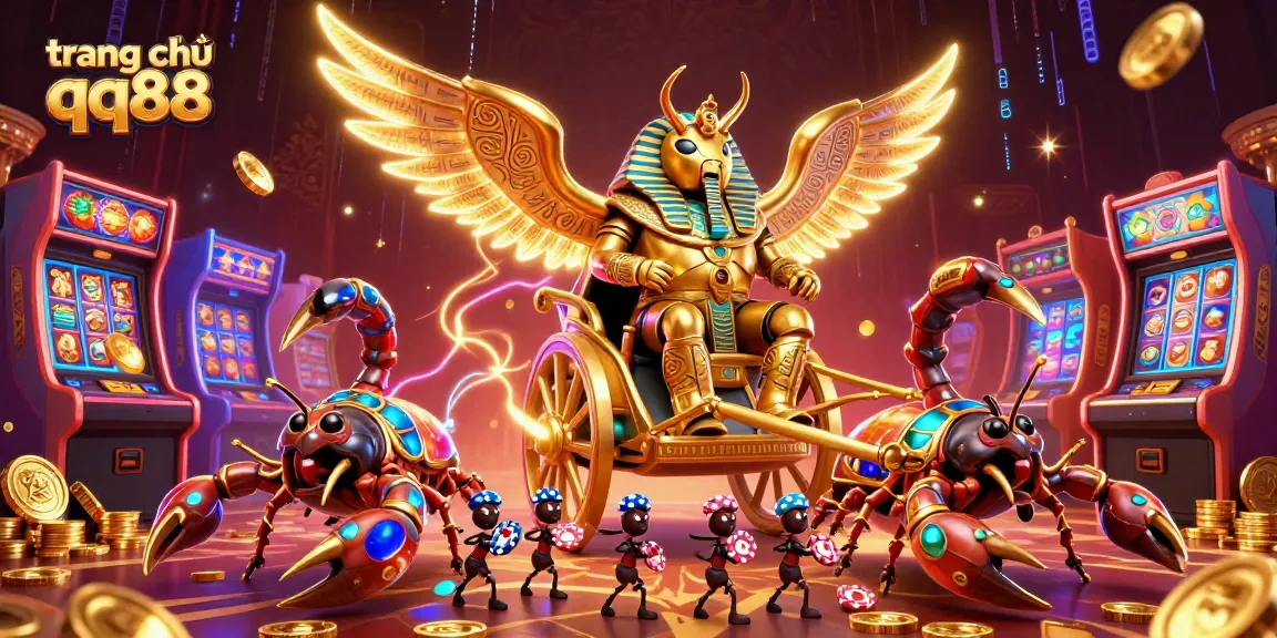 Experience the excitement of online gaming at trang chủ qq88 with a colossal pharaoh beetle, vibrant slot reels, and animated characters.