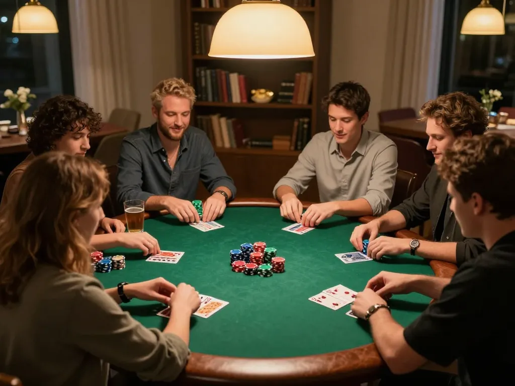 Engaged players enjoying a poker game on 888now during a home gathering.