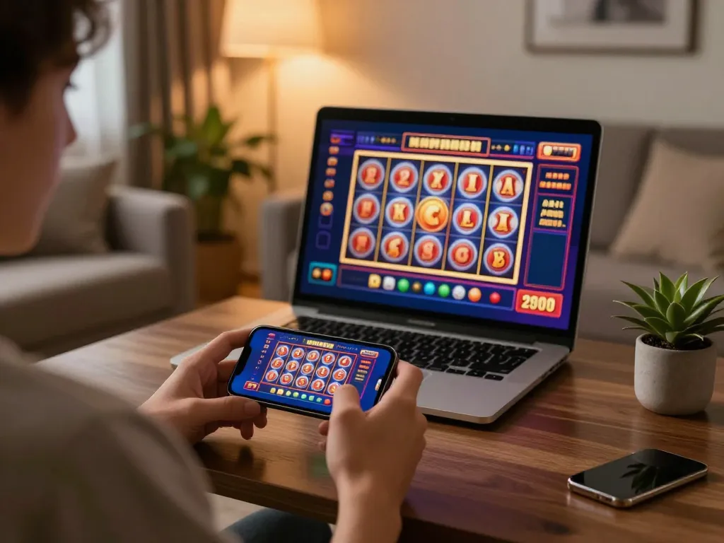 Engaged player using me99 app on smartphone for mobile slots, showcasing vibrant graphics and immersive gaming experience