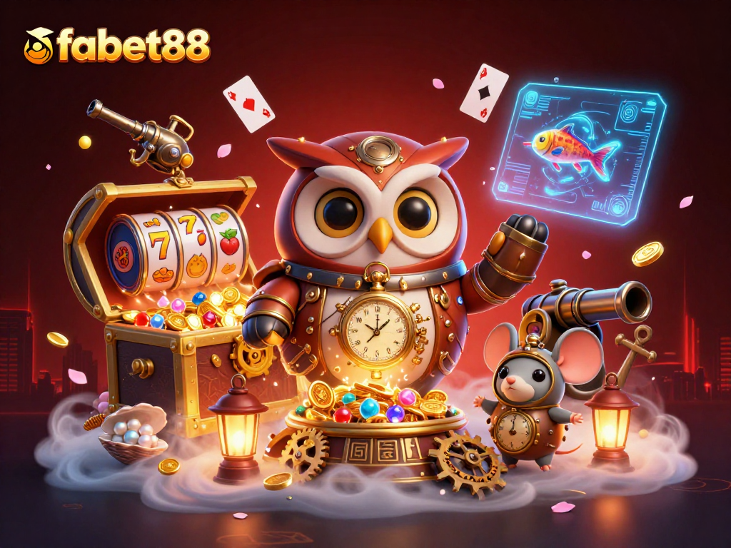 Engage with fabet88's thrilling gaming scene featuring a steampunk owl and vibrant casino elements.