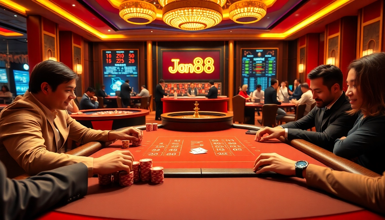 Exciting casino scene featuring players at a poker table, with Link vào bong88 odds displayed digitally.