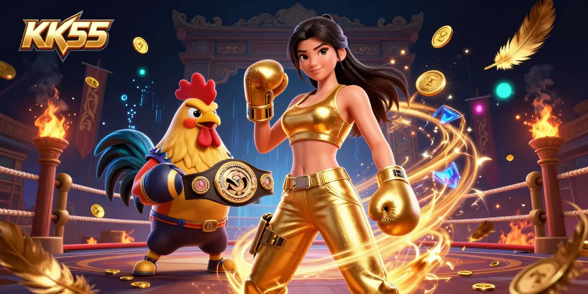 Win big at KK55 with vibrant casino visuals featuring a powerful woman and championship rooster in 3D action.