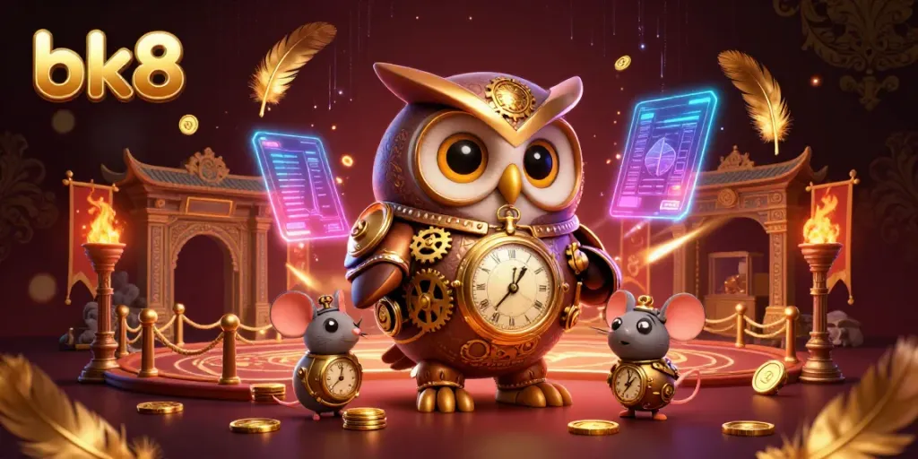 Experience thrilling gaming action at bk8, showcasing a whimsical owl and mouse amidst vibrant casino elements.