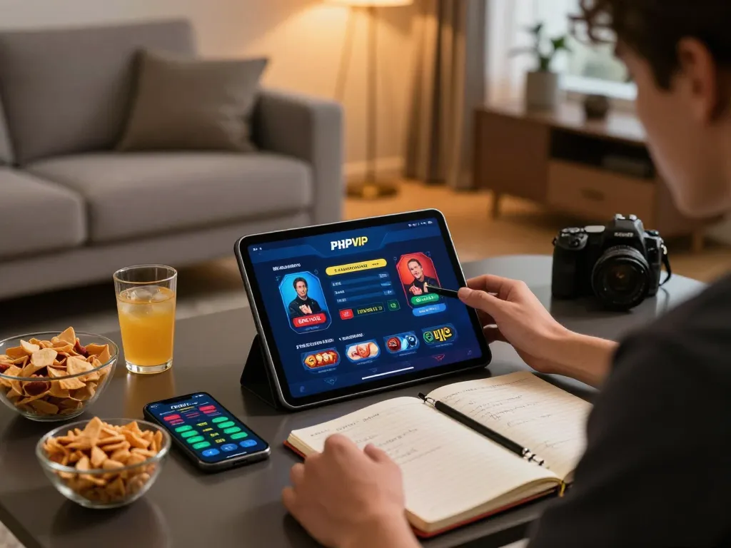 Player engaging with PHPVIP casino app on tablet during an evening gaming session in a stylish living room.