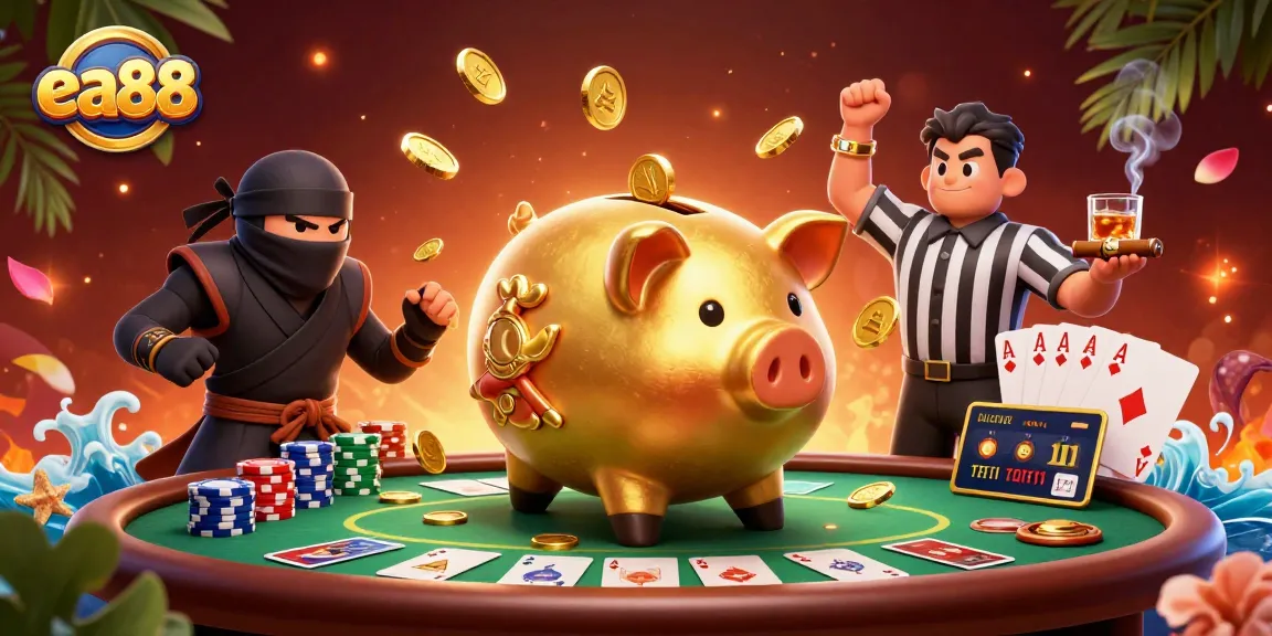 Play dynamic casino games at ea88 with a golden piggy bank sumo wrestler and colorful poker chips.