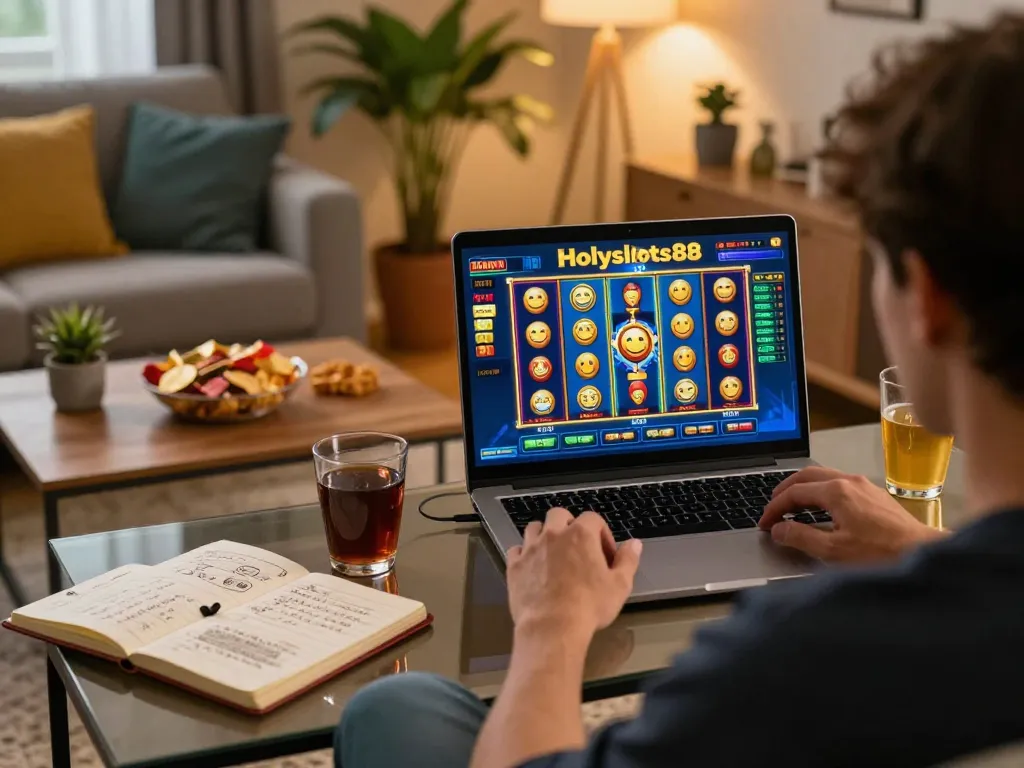 Engaging online gaming experience with Holyslots88 showcased on a laptop in a cozy home setting.