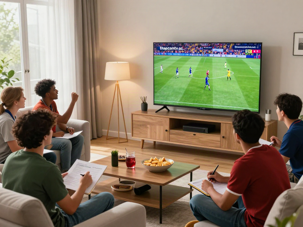 Fans enjoying a football match on thapcamtv.ac in a cozy living room filled with sports memorabilia.