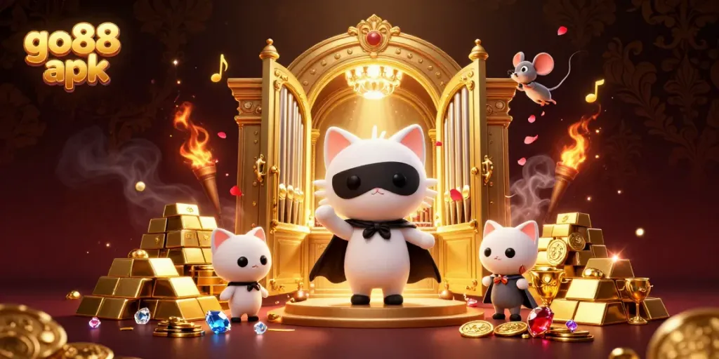 Engage with thrill at go88 apk, featuring a whimsical casino scene with characters and golden treasures.