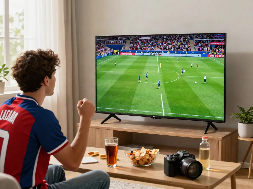 Fan enjoying a live soccer match at home on socolive8.media with vibrant ambiance and team spirit.