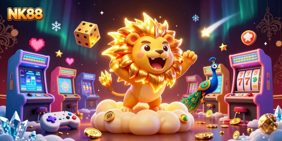 Engage with NK88's colorful casino adventure featuring a roaring sun lion, golden dice, and arcade thrills.