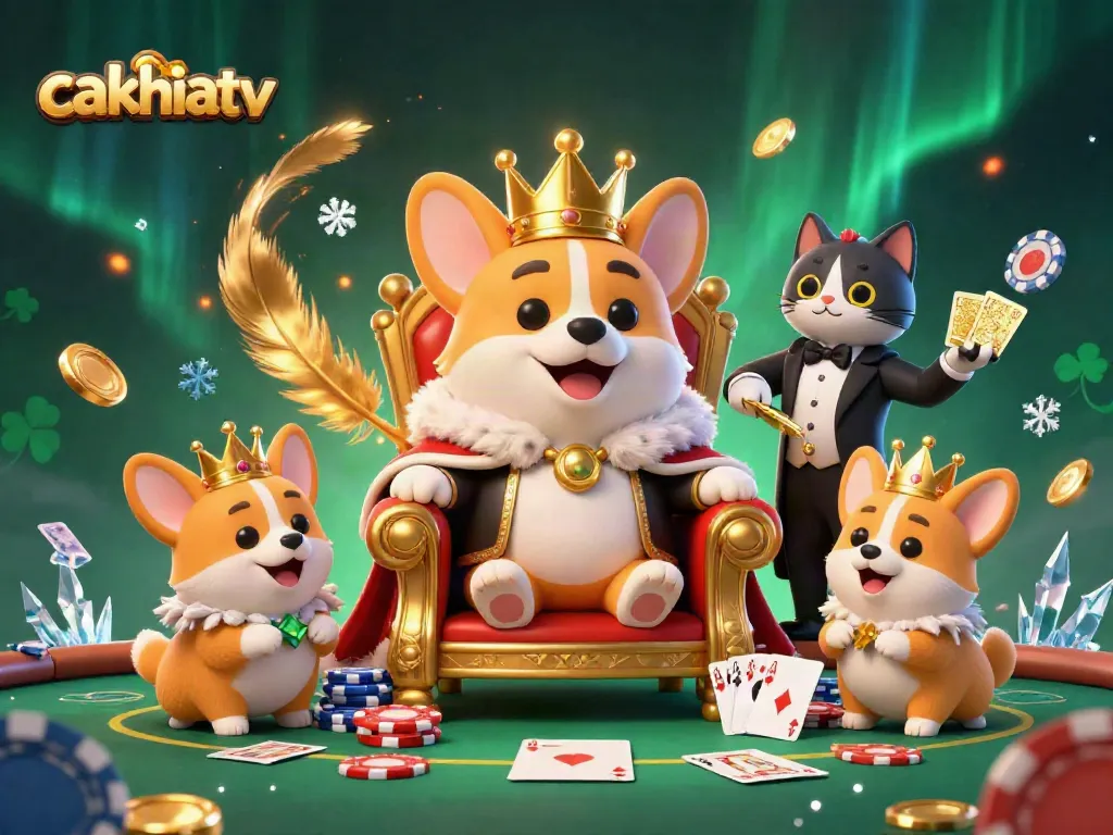 Cakhiatv's exciting poker scene featuring a royal corgi on poker chips displayed with betting elements.