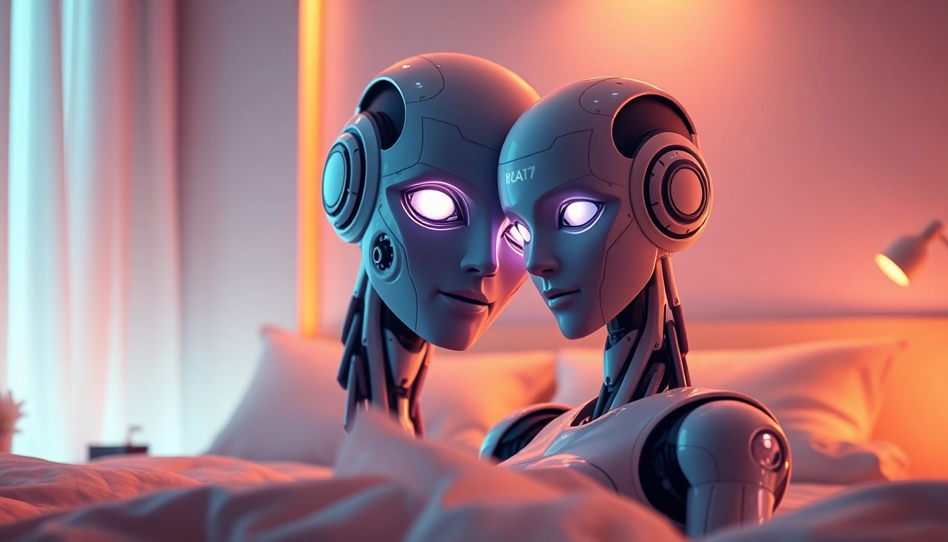 Intimate scene featuring a lifelike sex bot in a cozy bedroom, merging technology and intimacy.