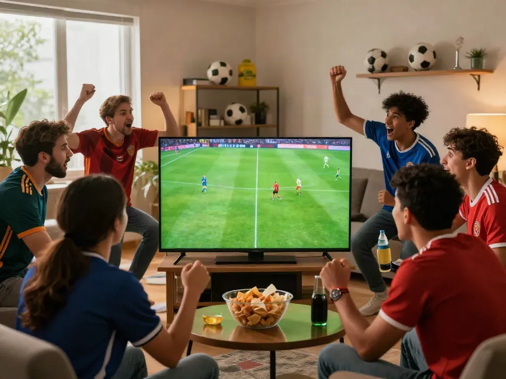 Exciting live soccer viewing at home, capturing moments of enthusiasm, featuring friends enjoying gavangtv.life matches.