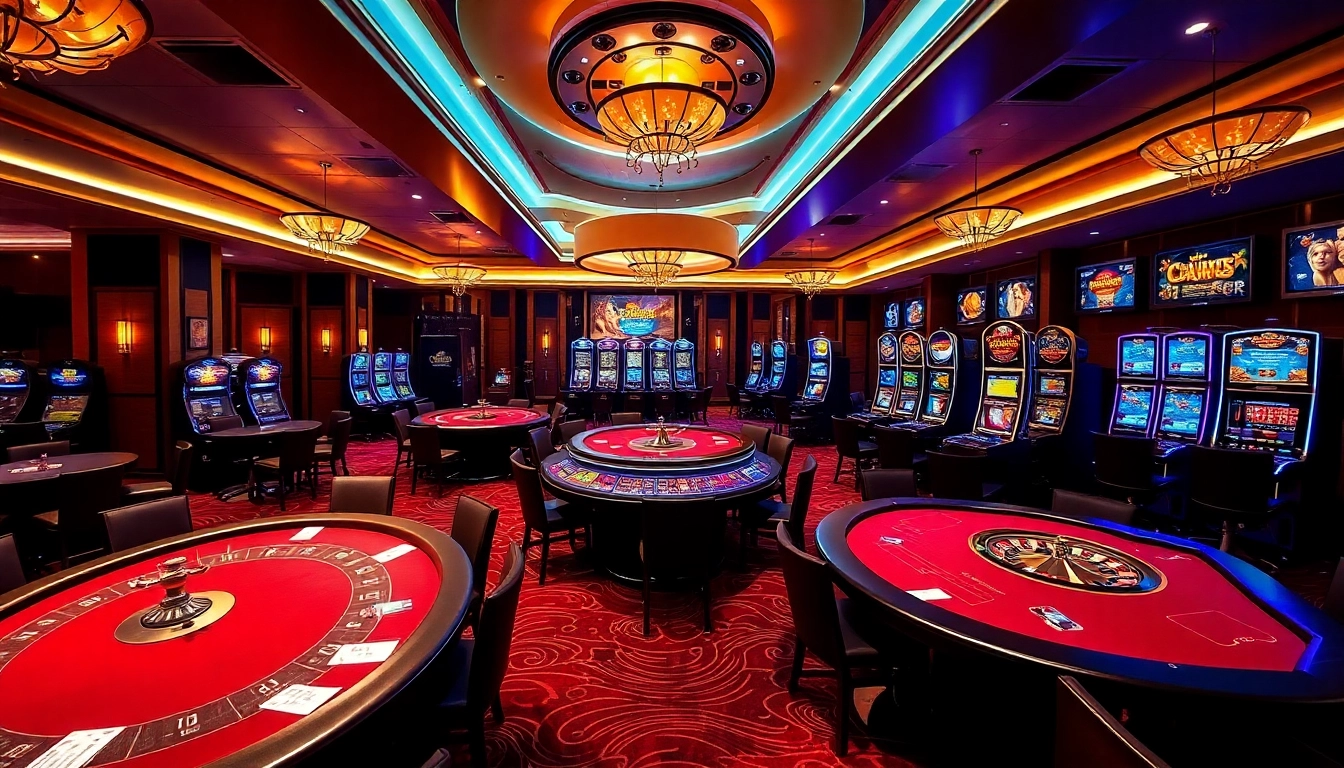 A dynamic casino scene featuring players at various tables, embodying the excitement of https://c168.works/ with vibrant gaming elements.