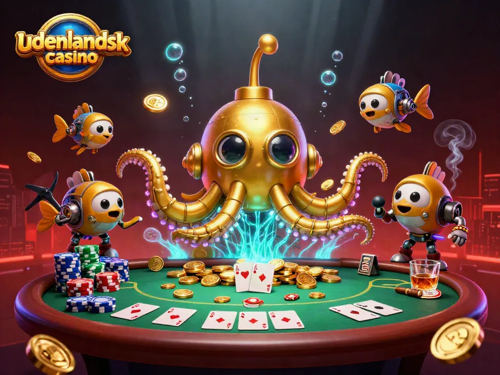 Experience the excitement of udenlandsk casino with a vibrant underwater scene of poker and gold coins.