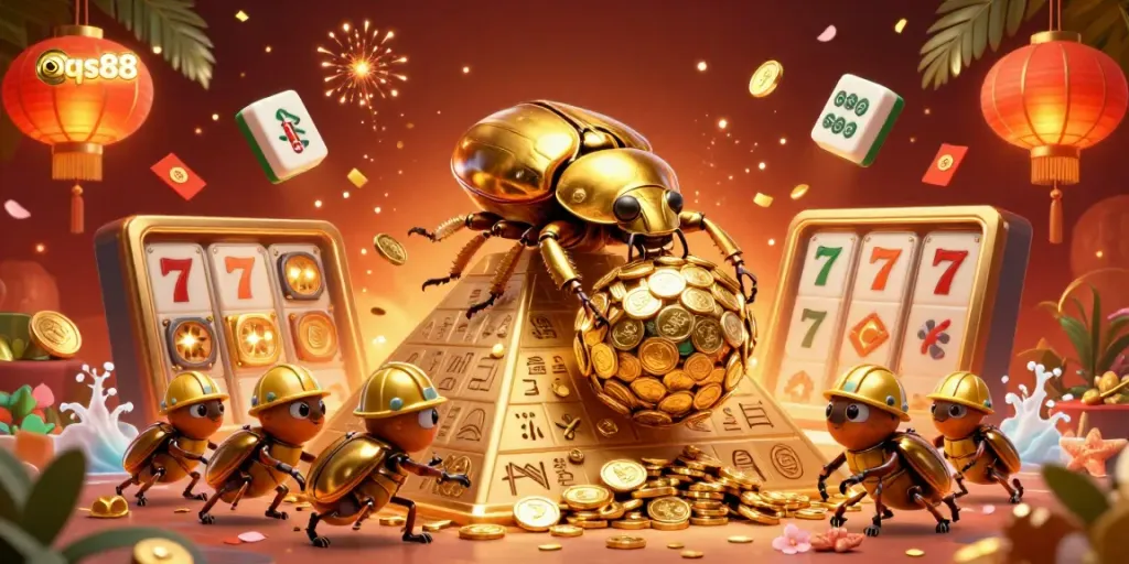 Engage with qs88's exciting gaming world featuring gold coins, vibrant characters, and dynamic casino symbols.