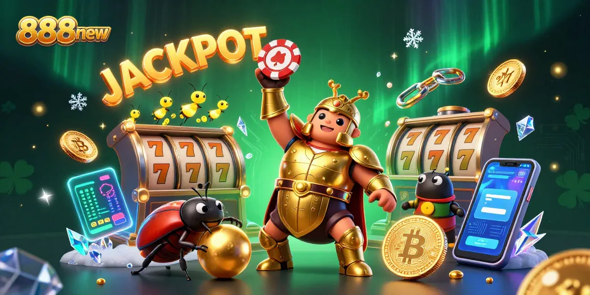 Spin and win with 888new as cartoon characters celebrate a jackpot in a vibrant casino-themed scene.