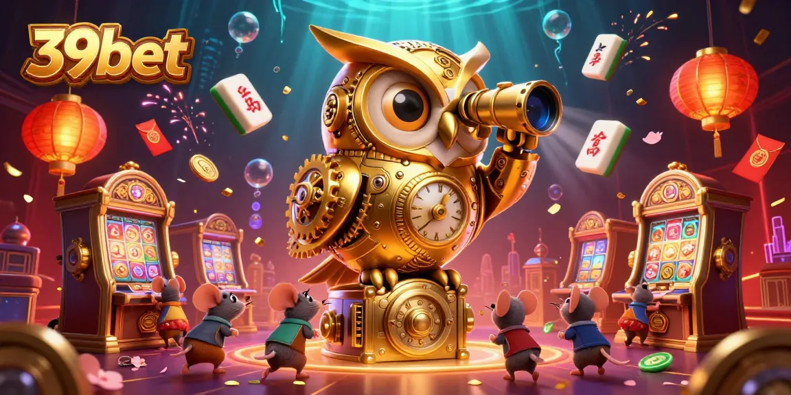 Experience excitement at 39bet, where the golden owl oversees a bustling casino filled with vibrant games.