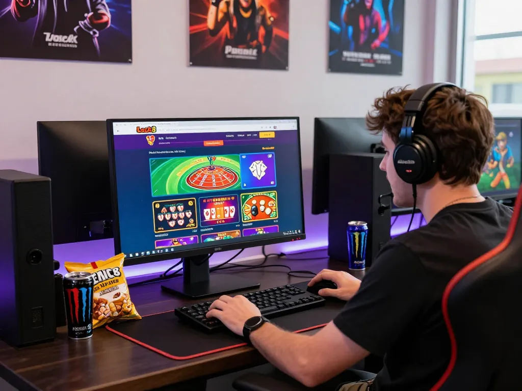 Excited player engaging on the Luck8 website, showcasing vibrant gaming options and modern setup.