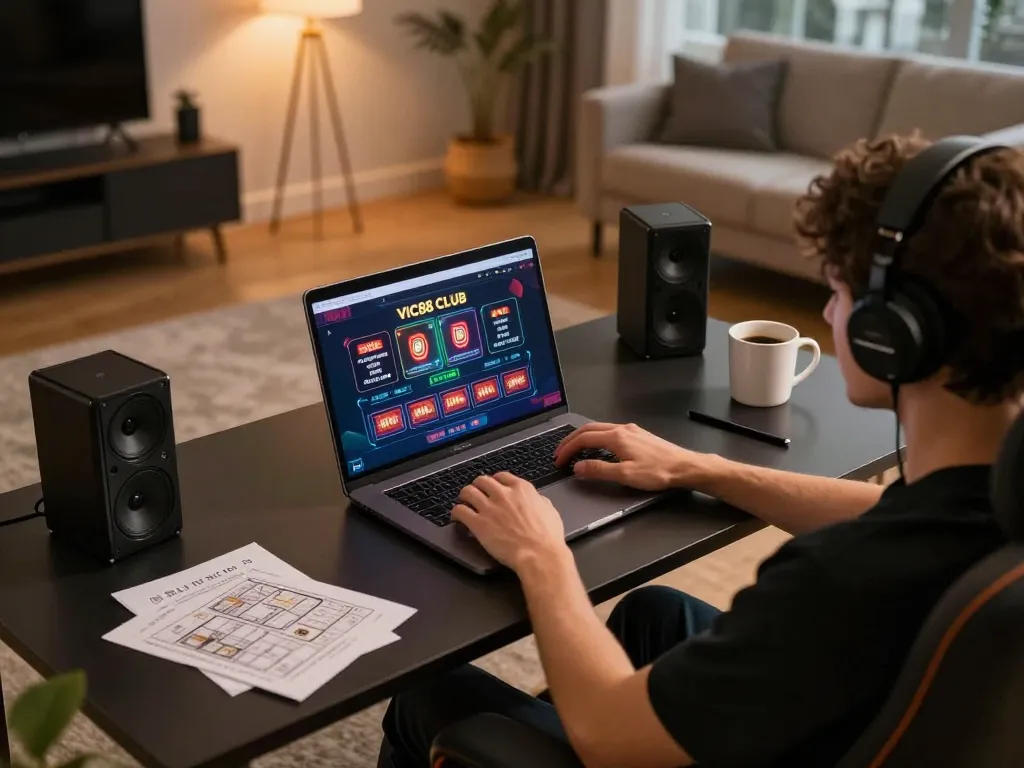 Player engaging with vic88 club online casino on a sleek laptop in a cozy home setup, promoting responsible gaming.