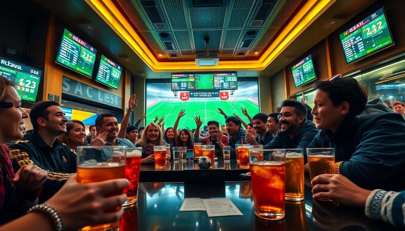 Exciting scene of fans engaging with keo nha cai in a lively sports bar, showing screens and betting slips.