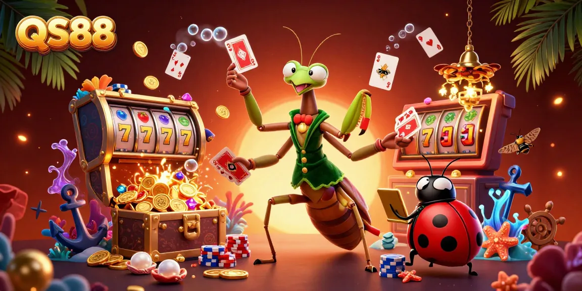 Engage with thrilling QS88 casino gameplay featuring vibrant slot reels and lively characters in a dynamic scene.
