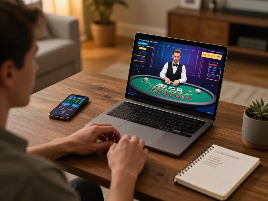 Player enjoying live dealer blackjack on a laptop showcasing the GVUI online gaming interface in a cozy home setup.