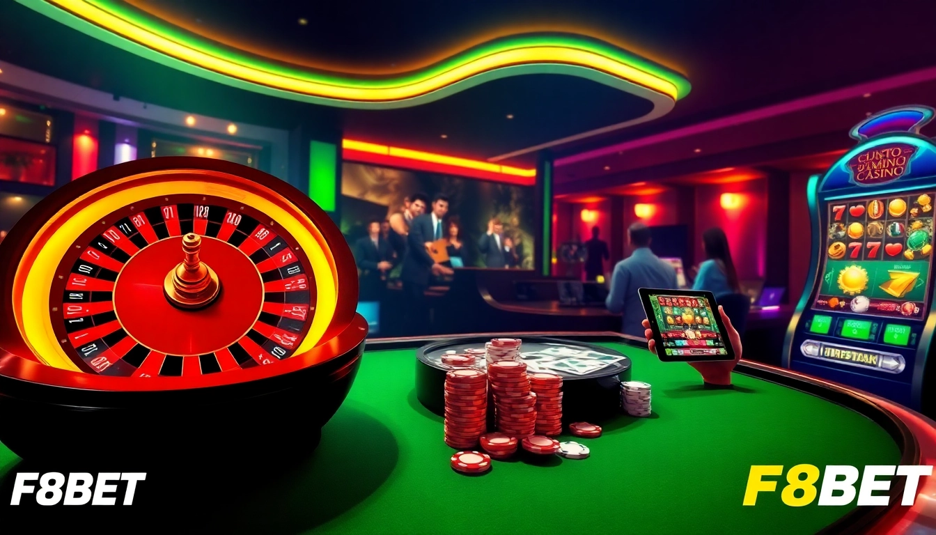Dynamic online gambling experience at https://f8bet.dental showcasing casino tables and slot machines.