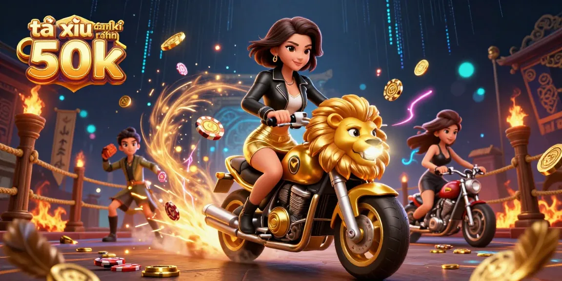 Experience the excitement of tài xỉu đăng ký nhận 50k as a glamorous woman rides a golden lion mascot amidst vibrant casino elements.