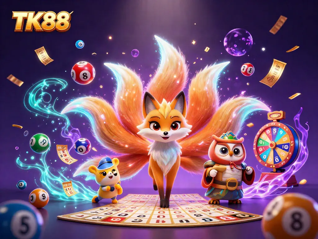 Join the fun at TK88 with this enchanting illustration of a nine-tailed fox and an owl in a vibrant casino setting.