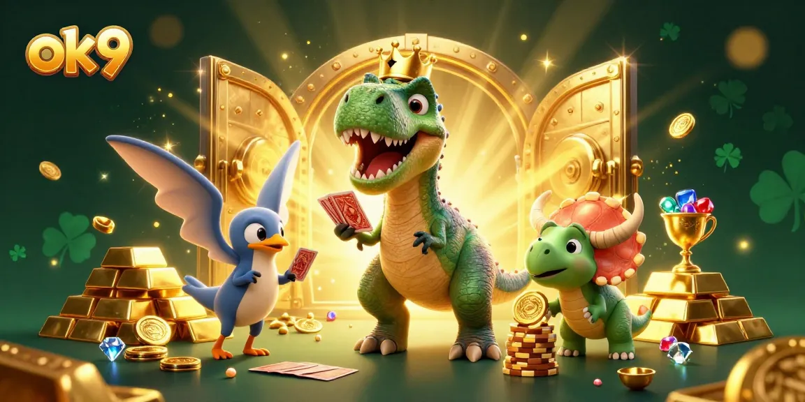 Engage with ok9's thrilling gaming as a friendly T-Rex and pals shuffle cards and stack chips in a vibrant casino.