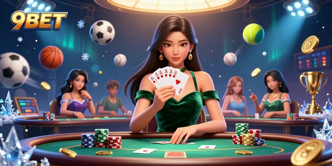 Engage in thrilling gaming at 9BET, where a beautiful Asian woman plays poker at a luxury table surrounded by sports elements.