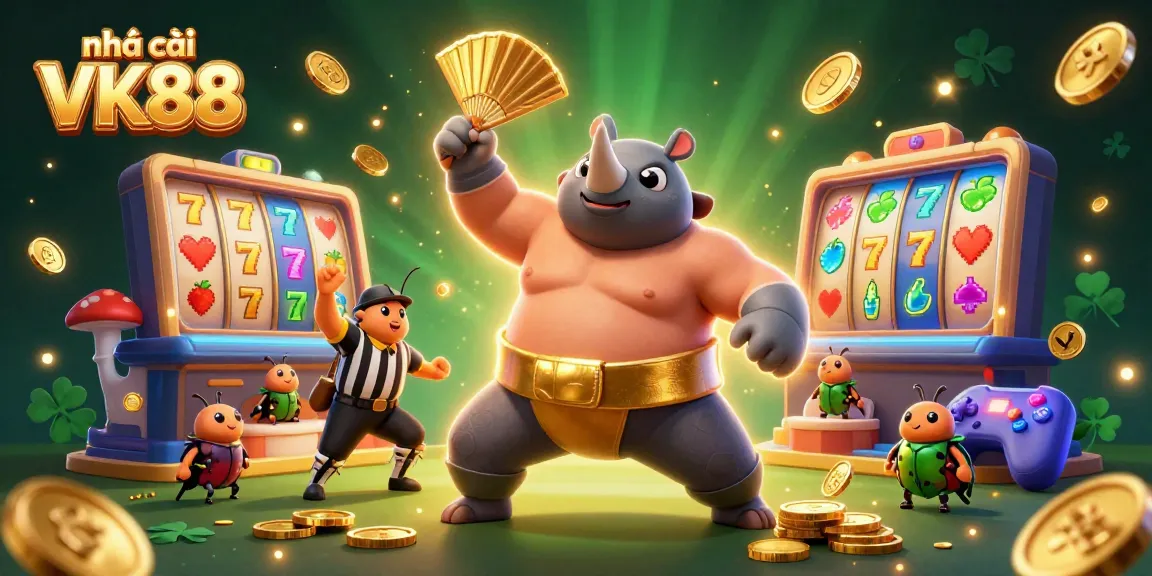 Experience the excitement at nhà cái VK88 with a vibrant 3D casino illustration featuring a sumo champion and colorful slot reels.