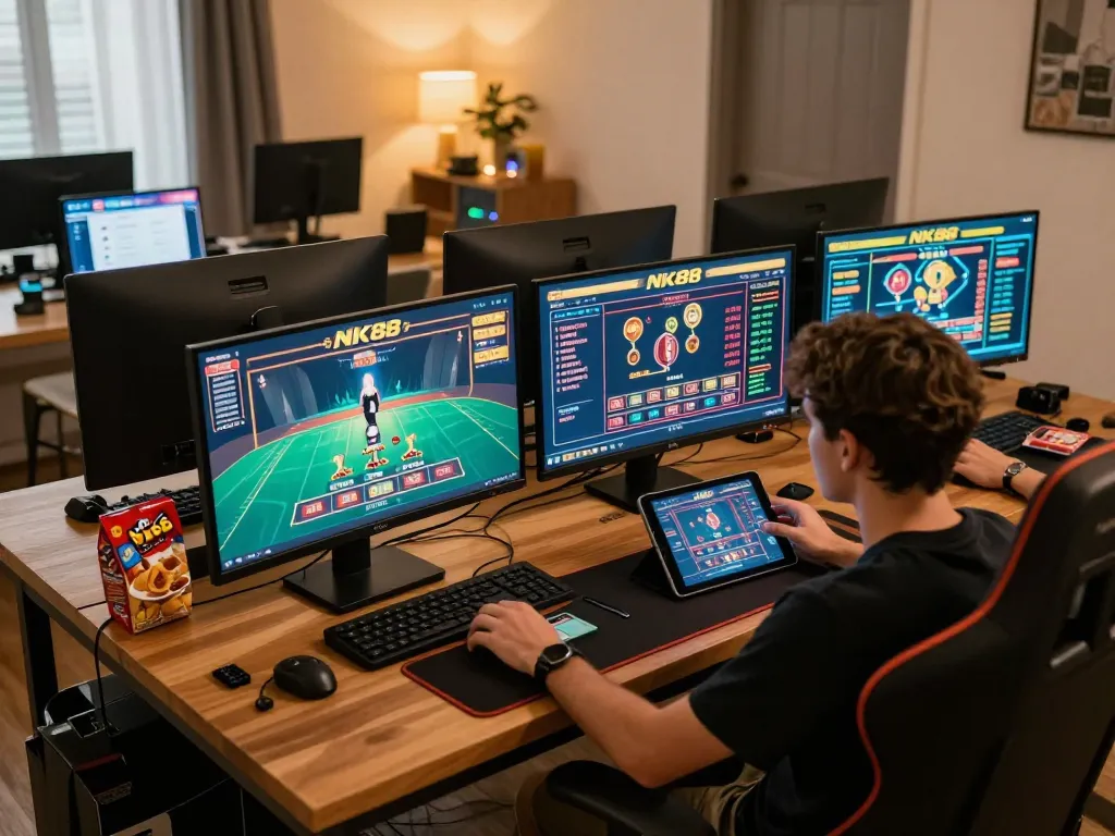 Player engaging with online casino games at https://nk88.moe/ in a cozy gaming setup at home.