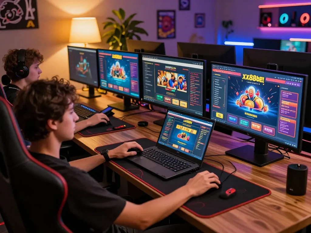 Engaging with xx88bet online casino interface at a stylish gaming setup