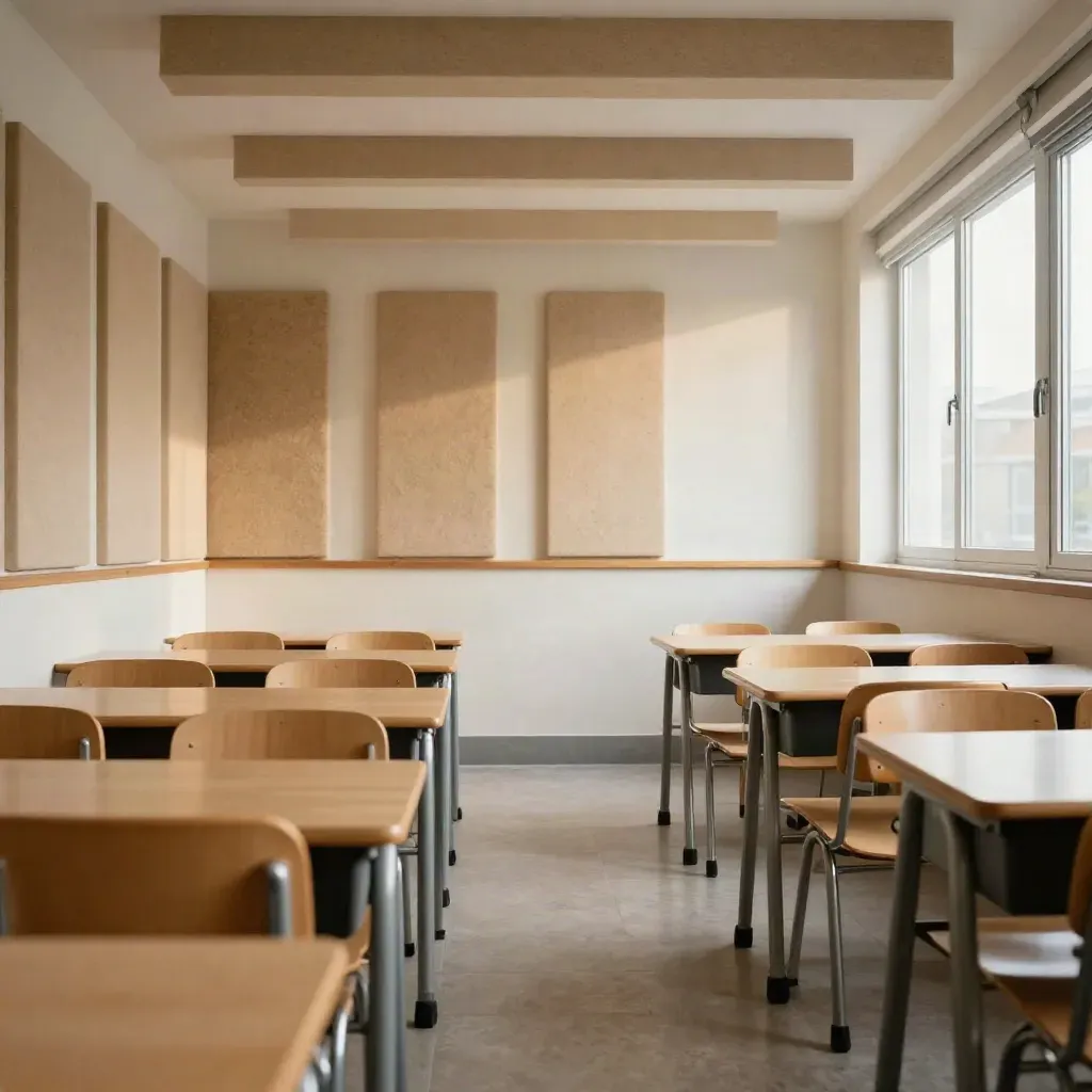 Tomt klassrum med akustikpaneler och takbafflar i mjukt eftermiddagsljus