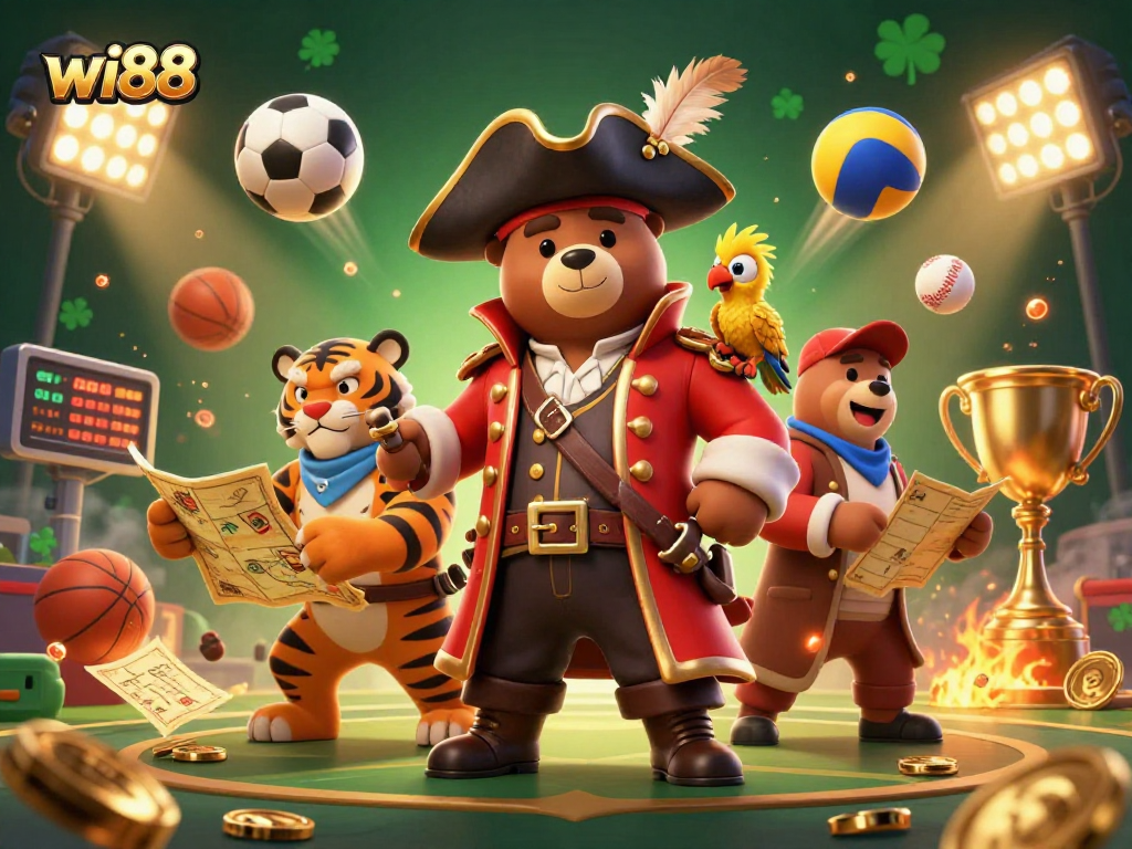 Experience thrilling gaming action with wi88's vibrant casino scene featuring pirates, sports, and treasure!