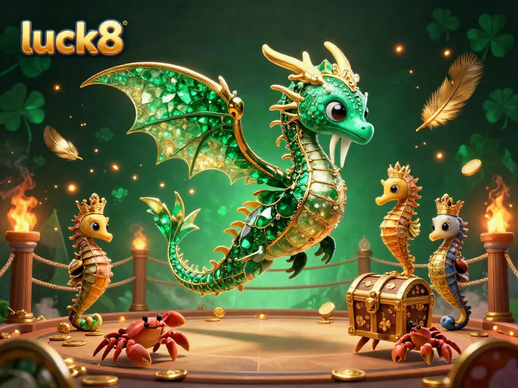Experience the excitement of luck8 with a vibrant 3D cartoon scene of a dragon and treasure in an online casino.