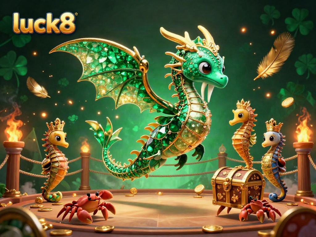 Experience the excitement of luck8 with a vibrant 3D cartoon scene of a dragon and treasure in an online casino.