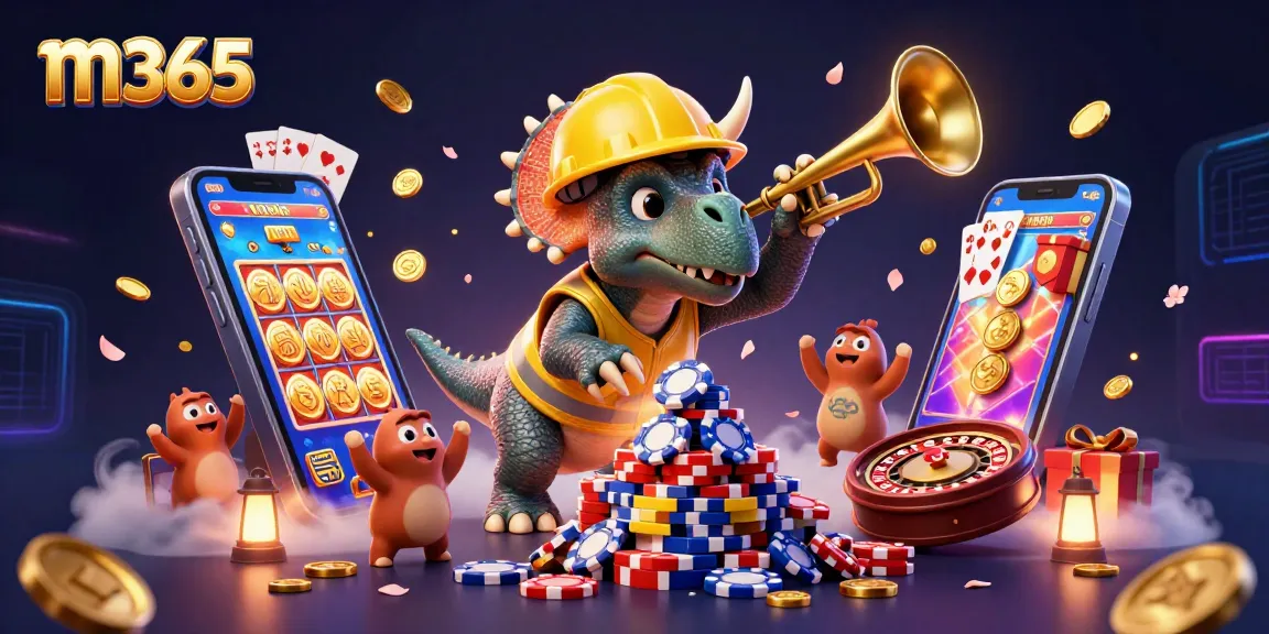 m365 offers thrilling online casino action with vibrant 3D cartoon characters building poker chip towers.