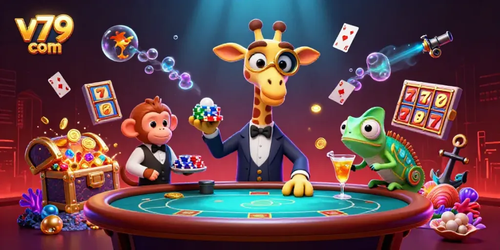 Experience VIP gaming with a giraffe and monkey at v79 com's exciting casino scene.