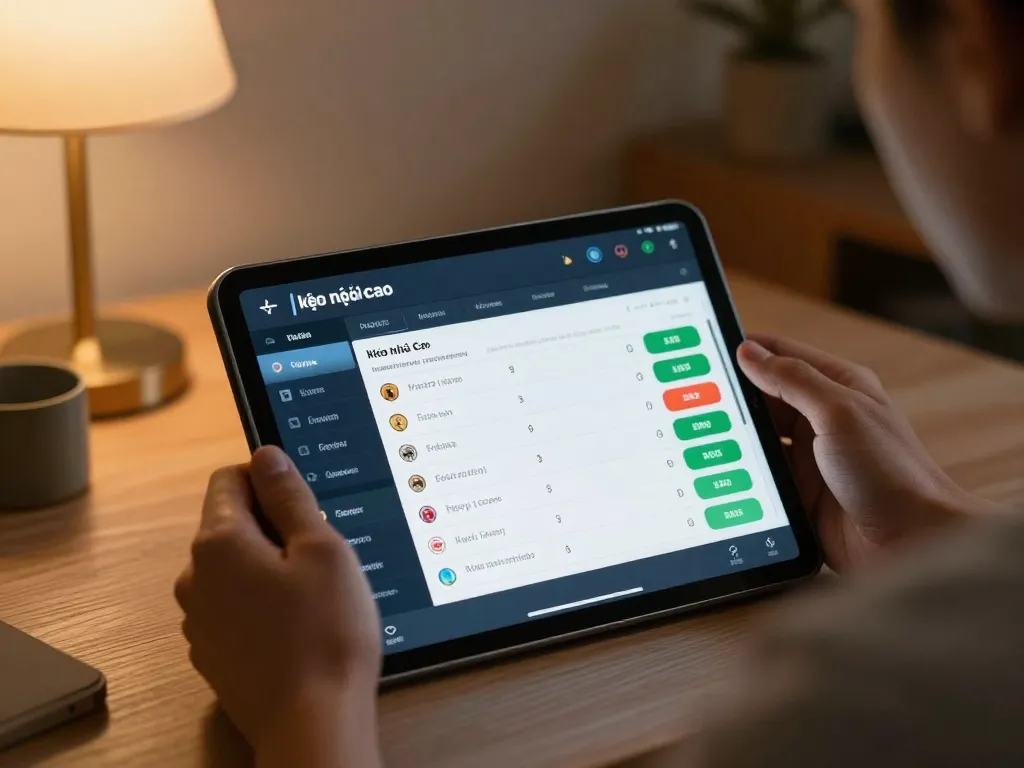 Checking kèo nhà cái updates on a tablet in a cozy home setting during sports betting.