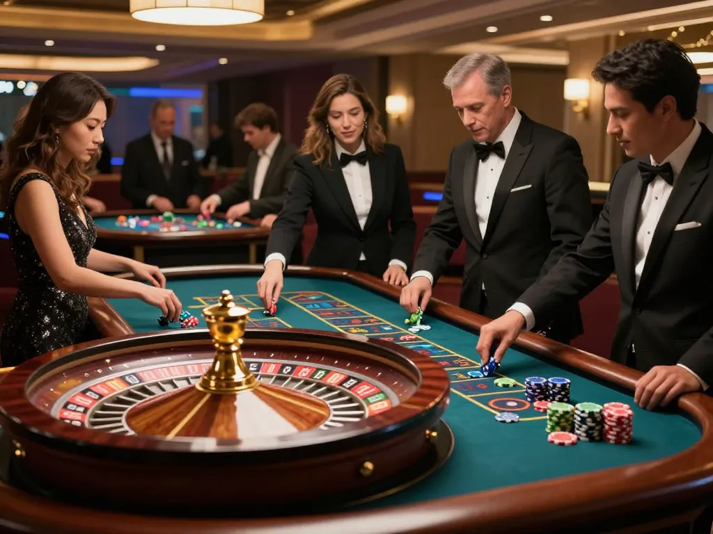 Players enjoying a thrilling roulette game at 11bet casino, focusing on the spinning wheel and vibrant betting chips.